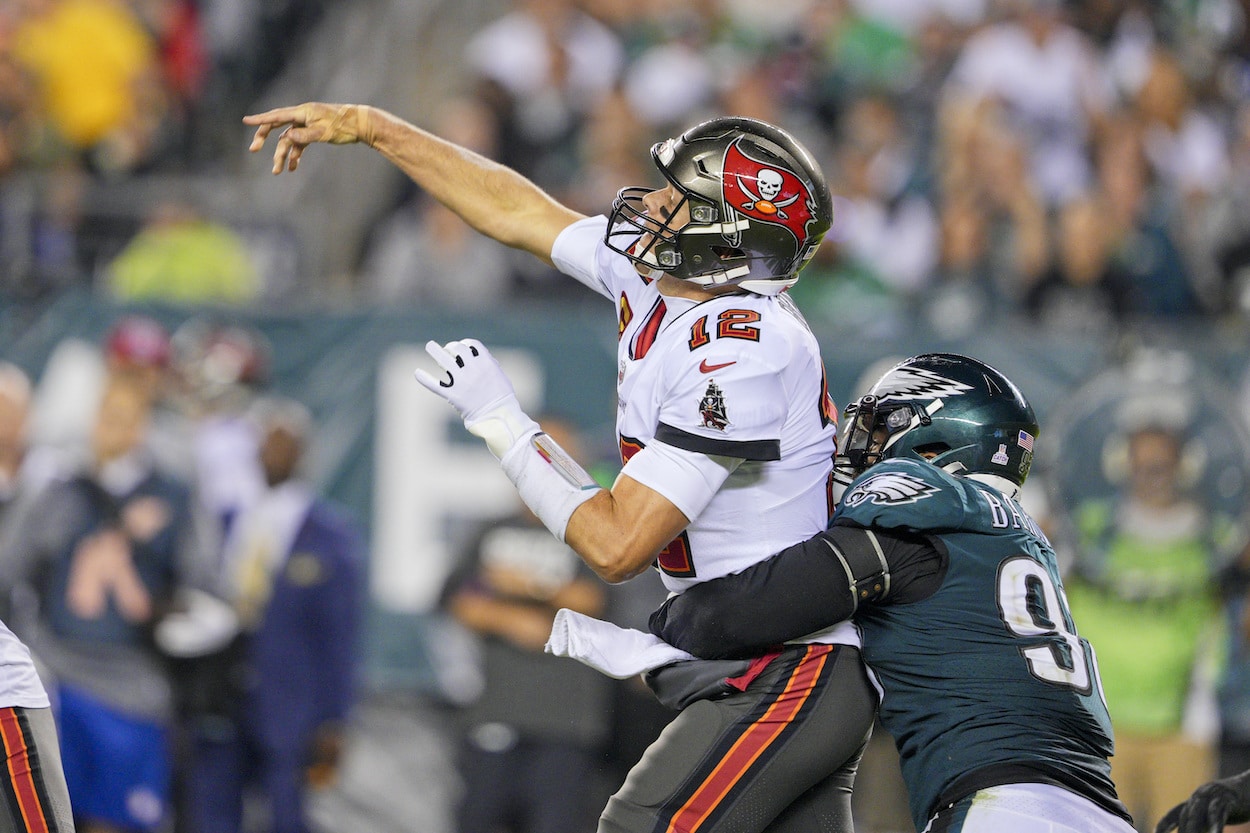 Tom Brady attempts a throw against the Eagles.