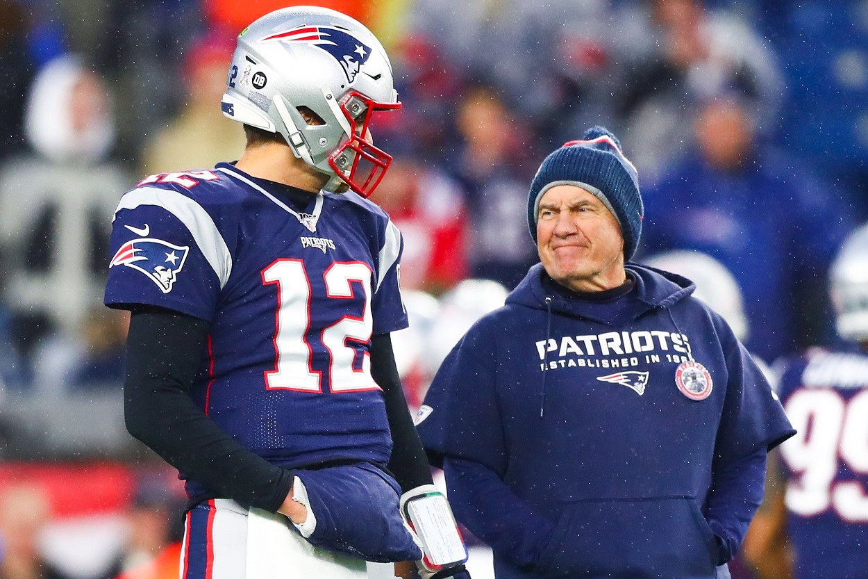 Tom Brady and Bill Belichick during a Patriots-Cowboys matchup in November 2019