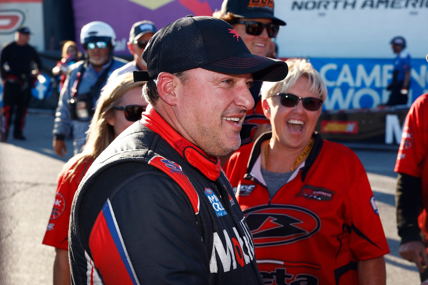 Tony Stewart smiles after losing in the finals at the NHRA Nevada Nationals on Oct. 30, 2022, at The Strip at Las Vegas Motor Speedway. | Jeff Speer/LVMS/Icon Sportswire via Getty Images