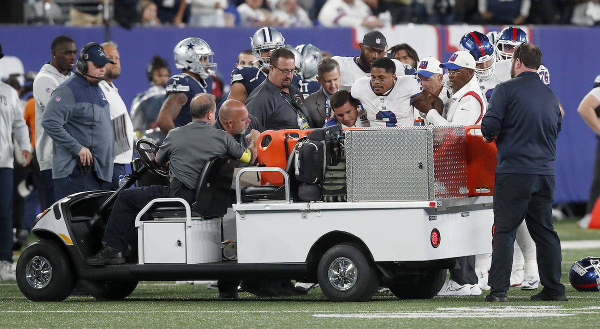 Sterling Shepard of the New York Giants is taken off the field after an injury at MetLife Stadium