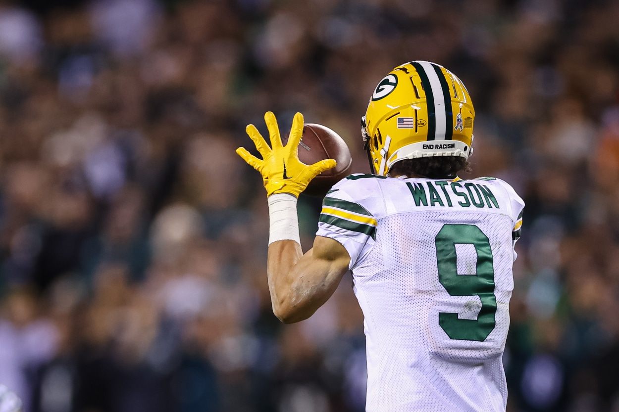 Christian Watson of the Green Bay Packers catches a pass against the Philadelphia Eagles.