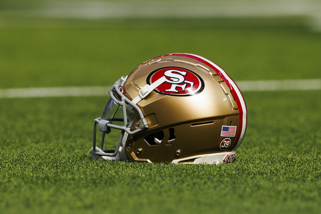 A San Francisco 49ers helmet is shown.