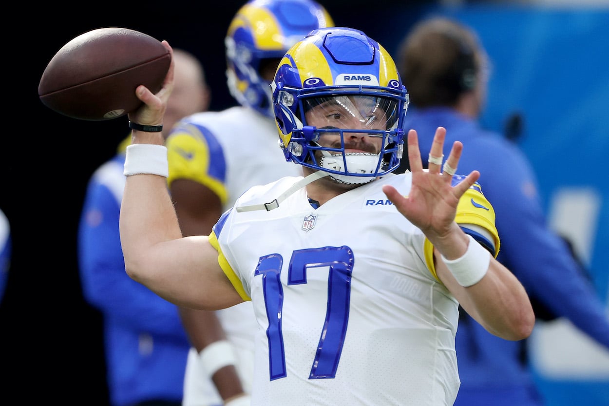 Baker Mayfield warms up before a game.