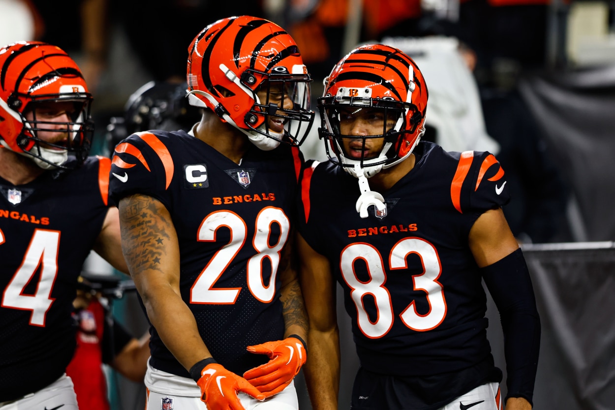 Tyler Boyd of the Cincinnati Bengals celebrates with Joe Mixon after scoring a touchdown.