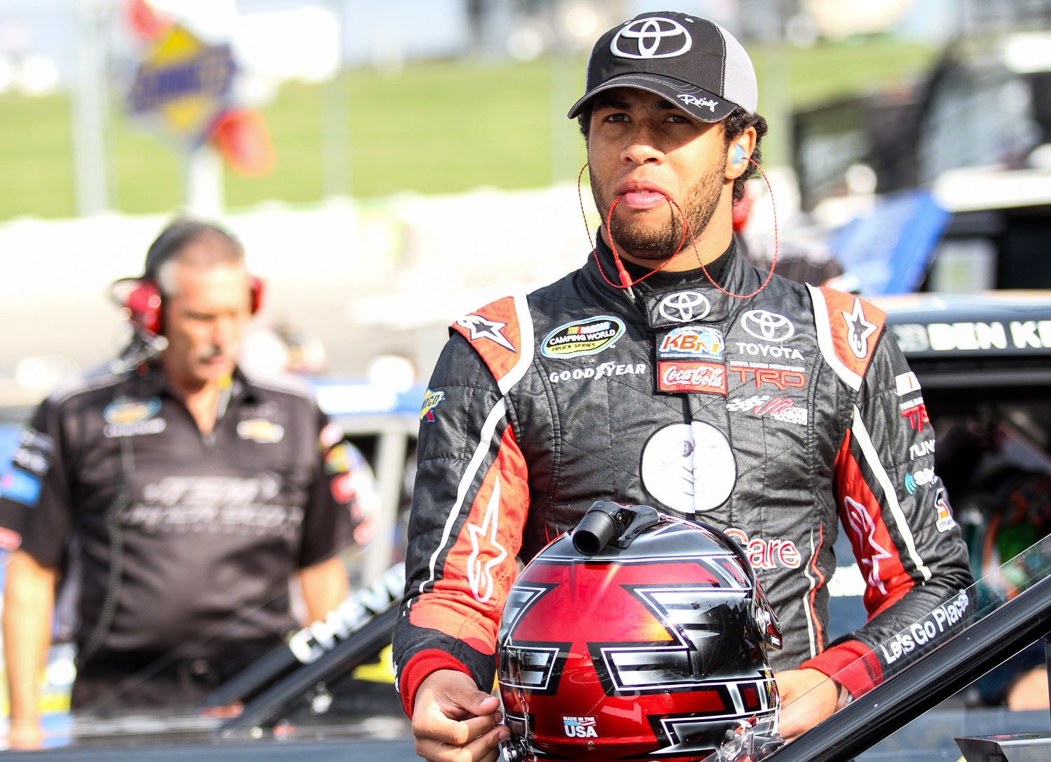Bubba Wallace at practice for the NASCAR Camping World Truck Series American Ethanol 200 at Iowa Speedway.