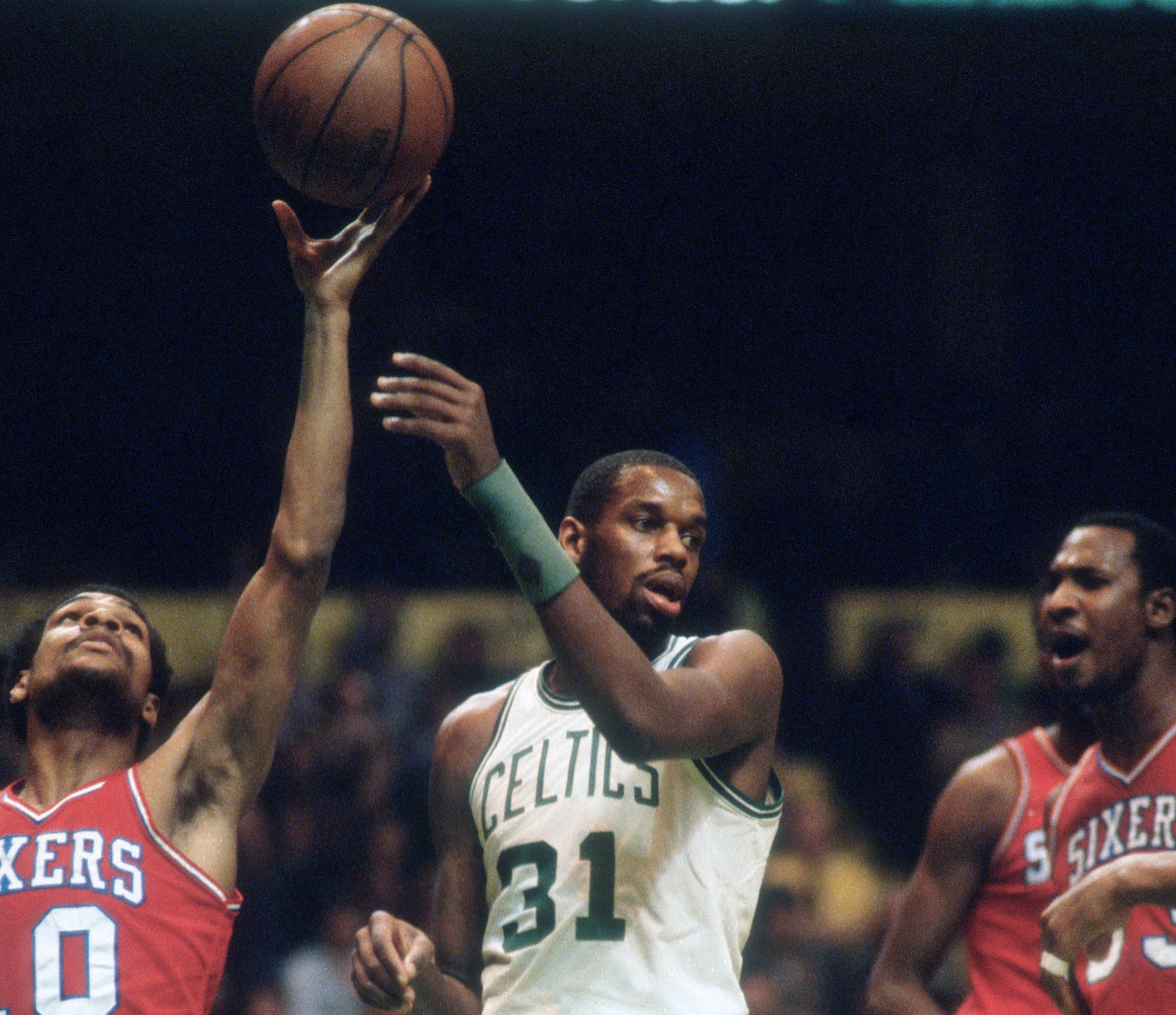 Cedric Maxwell of the Boston Celtics in action against the Philadelphia 76ers.