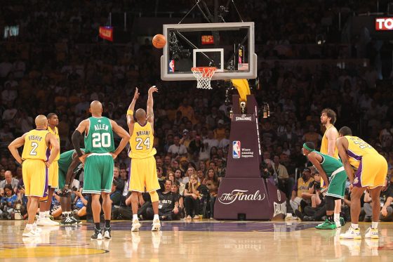 Kobe Bryant of the Los Angeles Lakers shoots a free throw in Game 7 of the 2010 NBA Finals.
