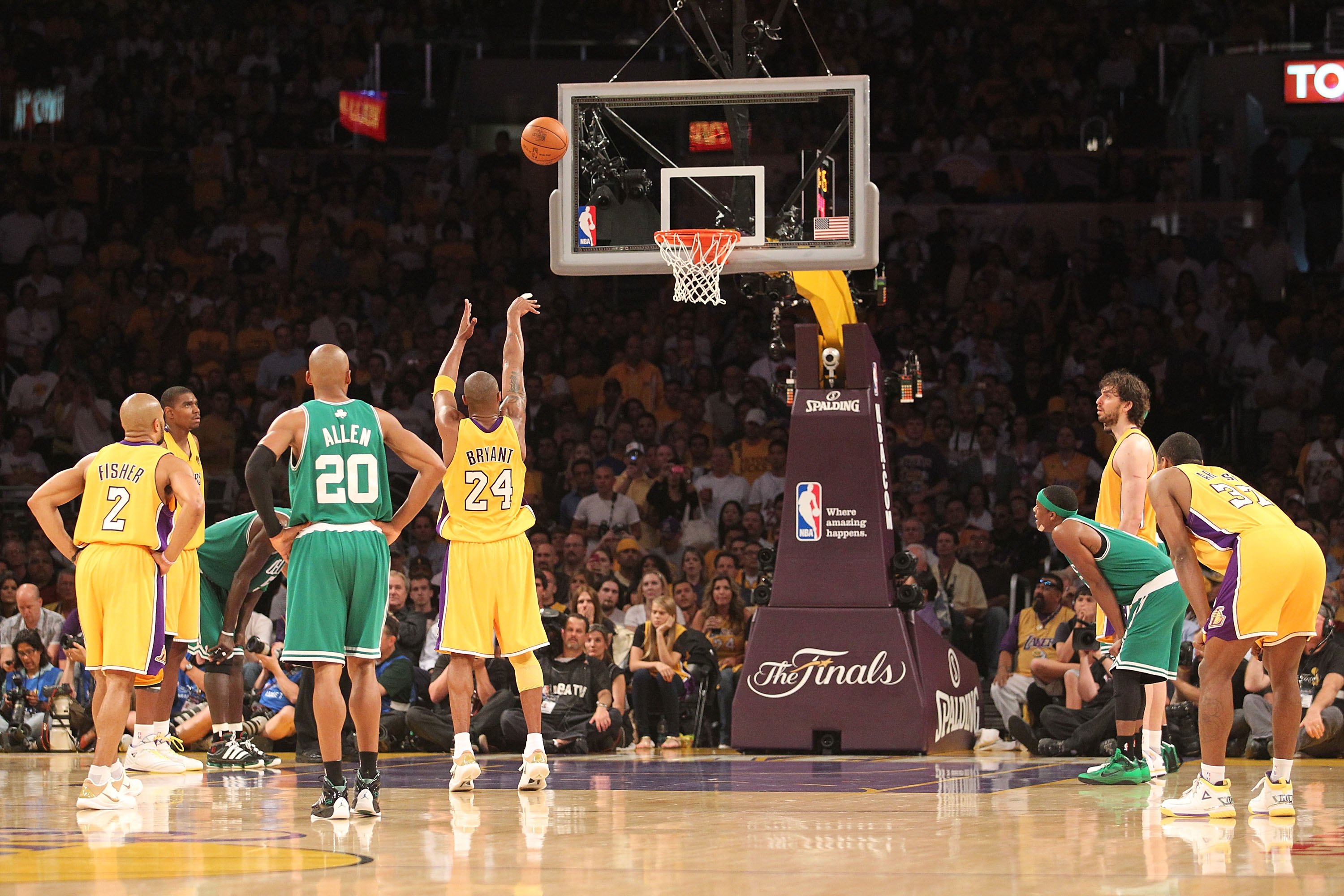 Kobe Bryant of the Los Angeles Lakers shoots a free throw in Game 7 of the 2010 NBA Finals.