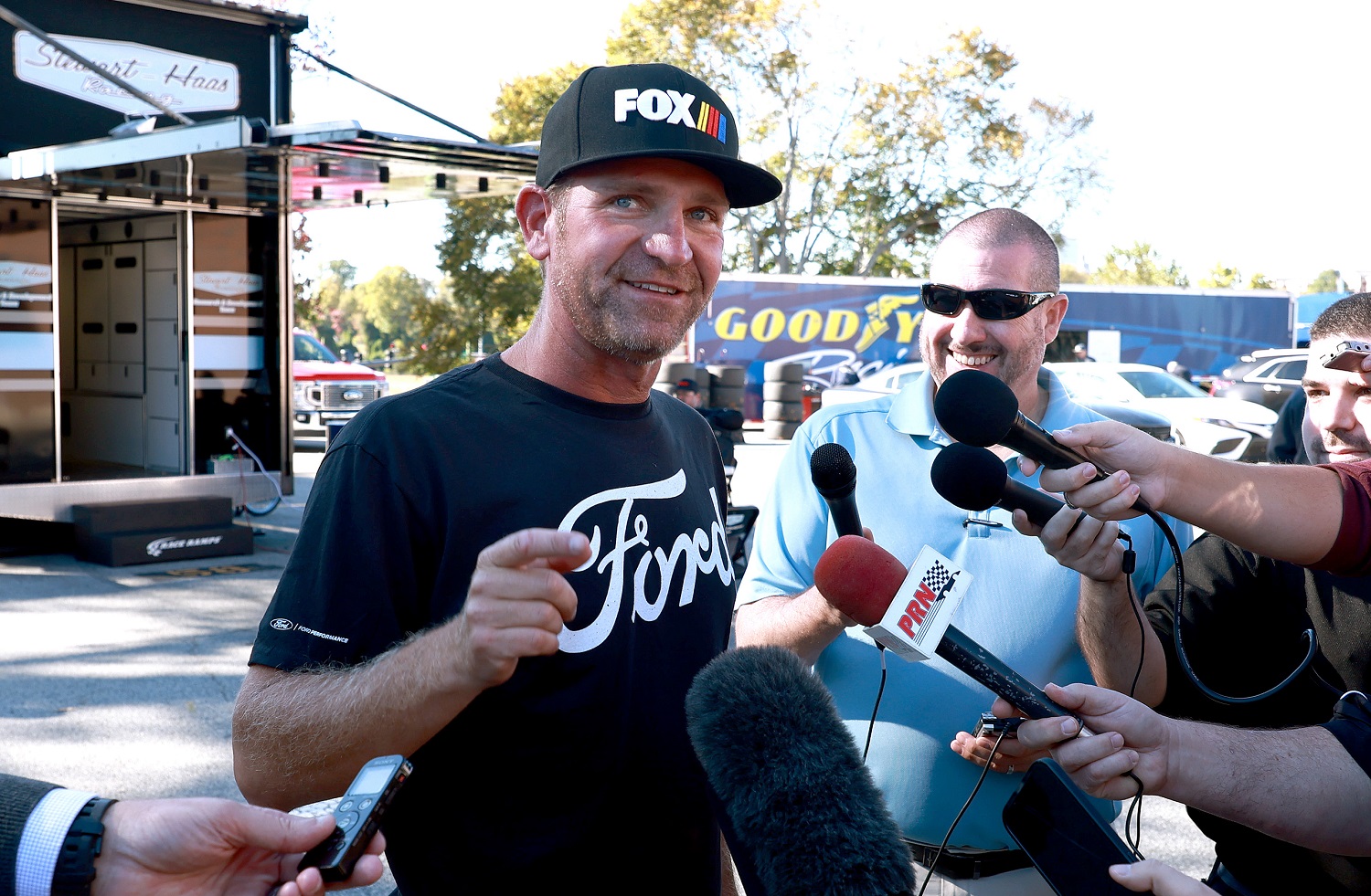 Clint Bowyer speaks to the media after a testing session with the NASCAR Next Gen car at Bowman Gray Stadium on Oct. 26, 2021, in Winston Salem, North Carolina.