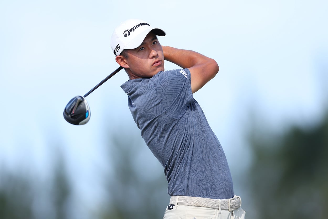 Collin Morikawa hits a drive during the Hero World Challenge.