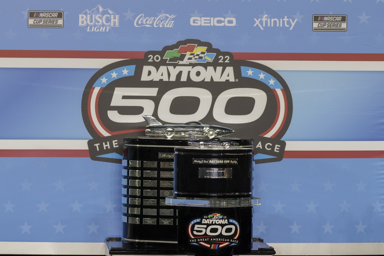 The Harley J. Earl Trophy on display in victory lane during the 2022 Daytona 500