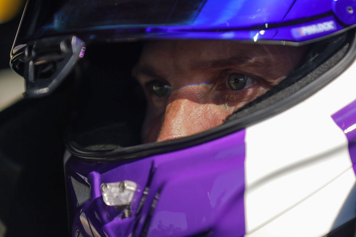 Denny Hamlin sits in his car ahead of the the NASCAR Cup Series South Point 400.