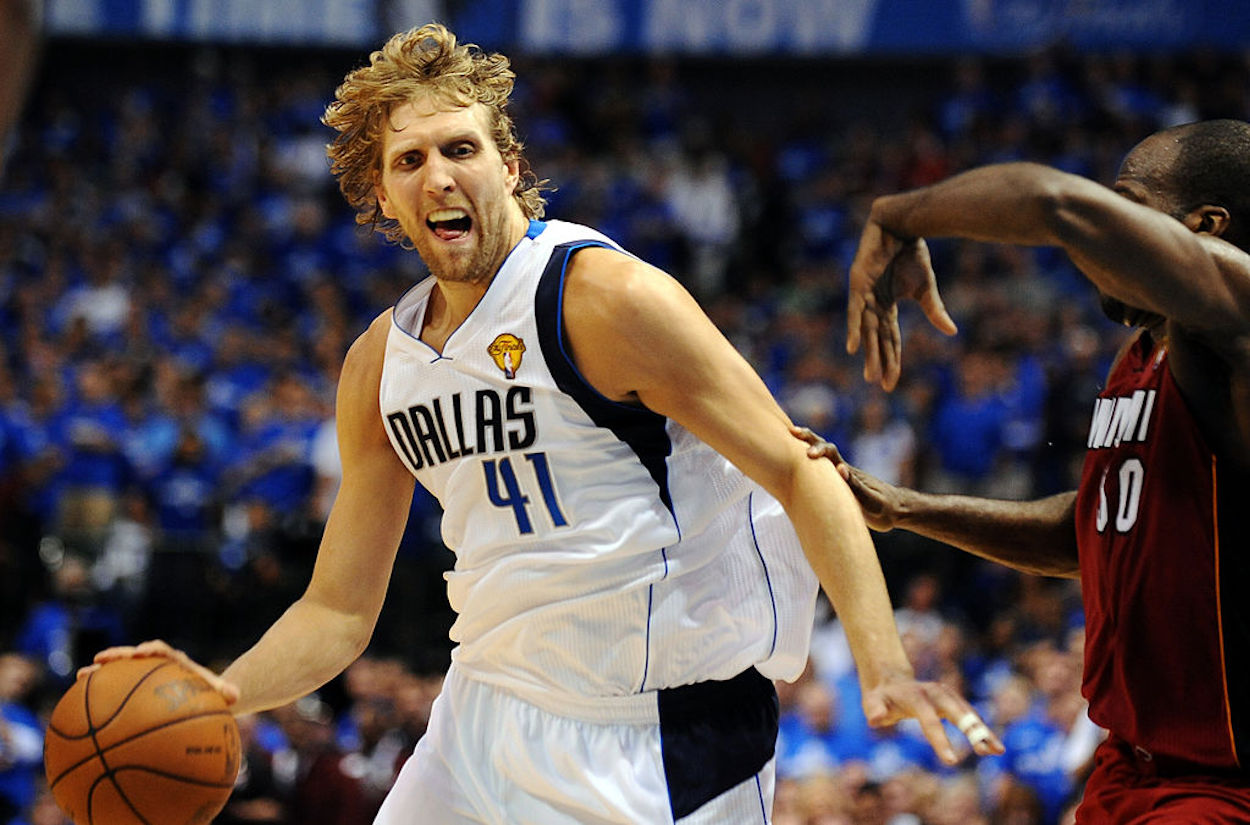 Dirk Nowitzki dribbles the ball during the 2011 NBA Finals.