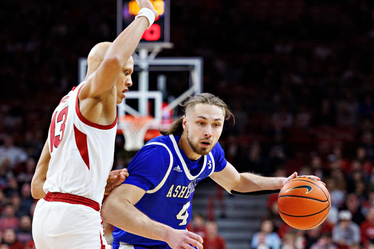 Drew Pember (R) dribbles the ball for UNC Asheville.