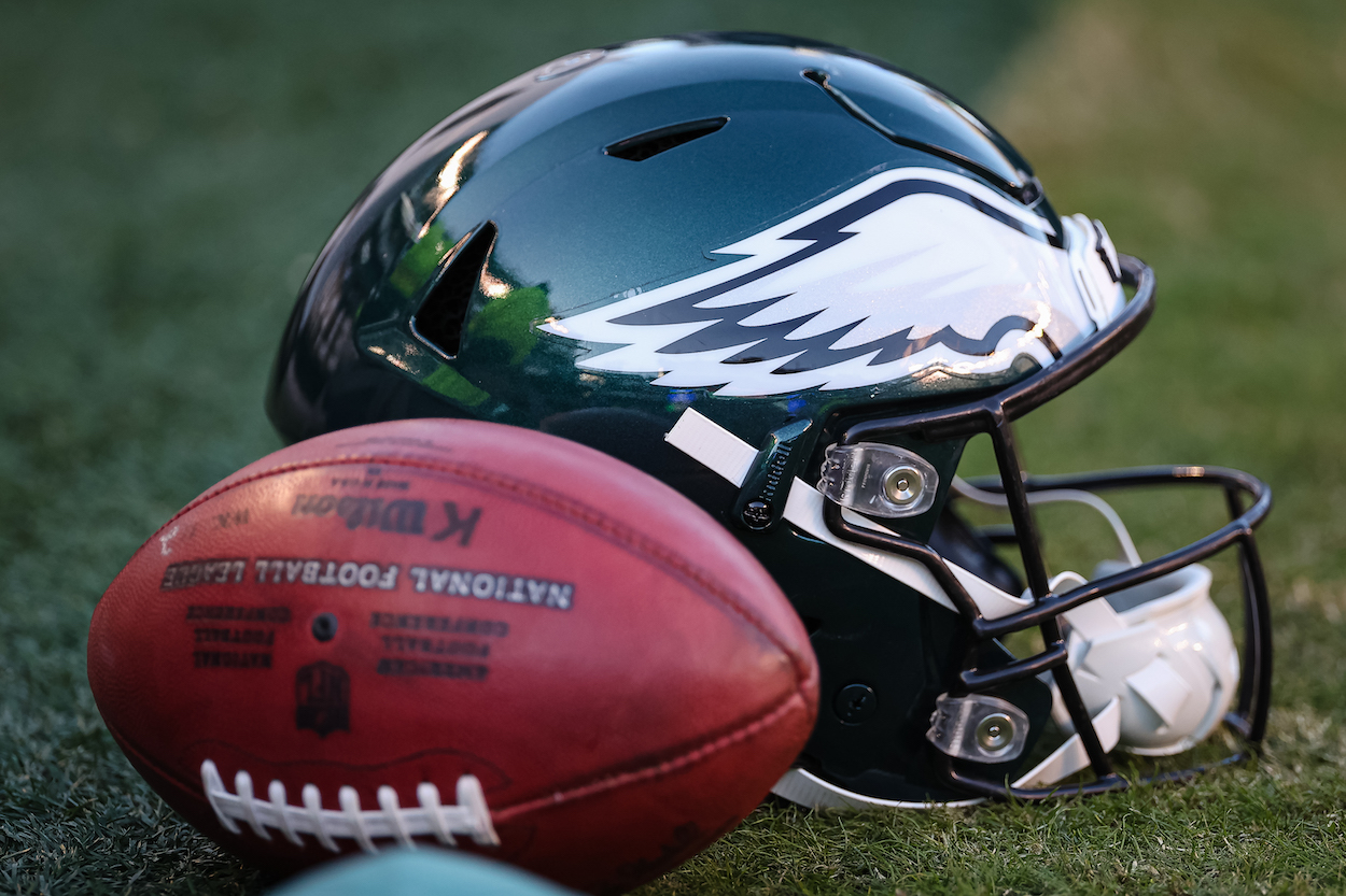 A Philadelphia Eagles helmet is shown.