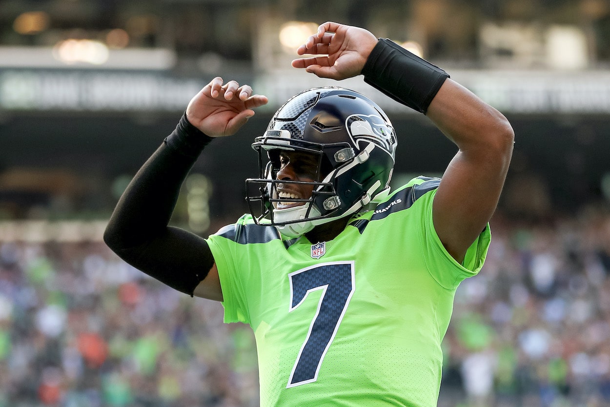 Geno Smith celebrates after a touchdown.