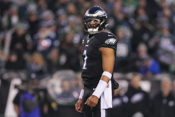 Jalen Hurts looks on against the Giants.