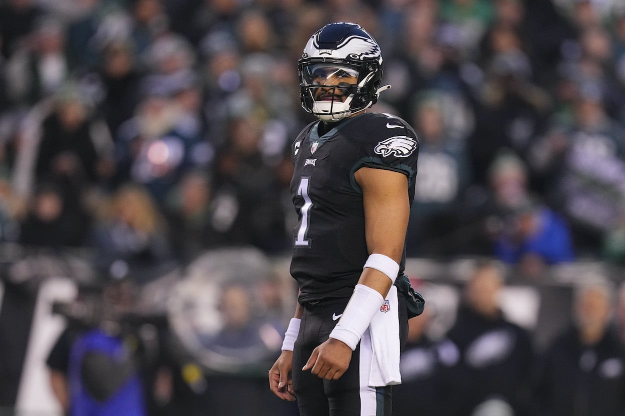 Jalen Hurts looks on against the Giants.