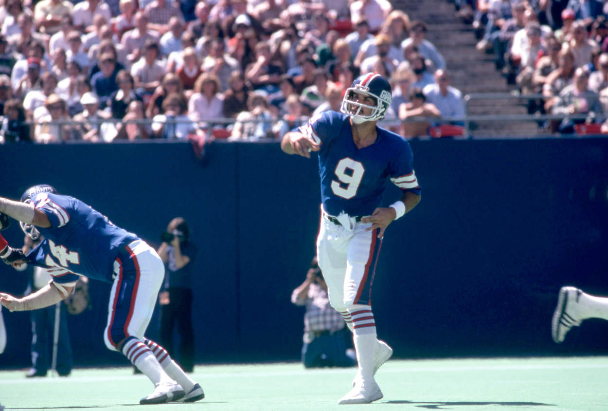 Quarterback Joe Pisarcik of the New York Giants throws the ball.