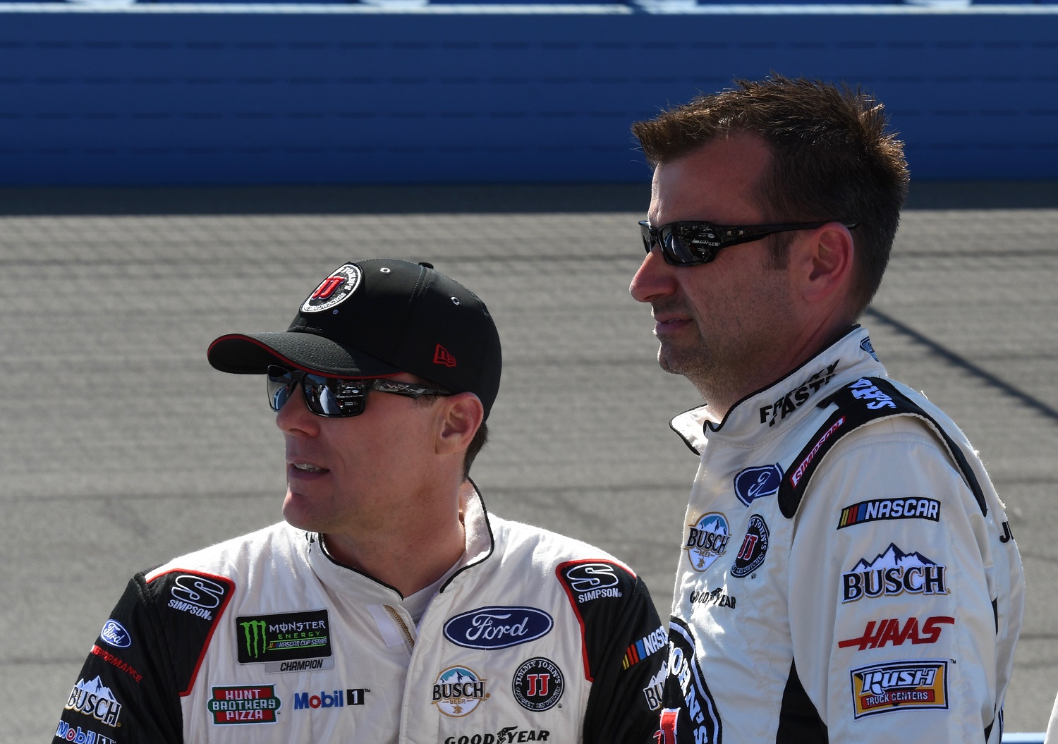 Kevin Harvick and crew chief Rodney Childers on pit lane prior to the Auto Club 400 on March 17, 2019.