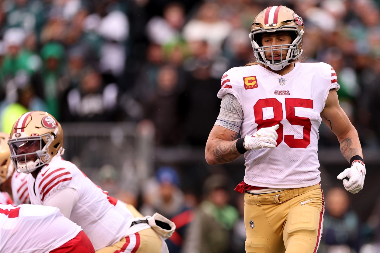 George Kittle of the San Francisco 49ers runs in motion against the Philadelphia Eagles.