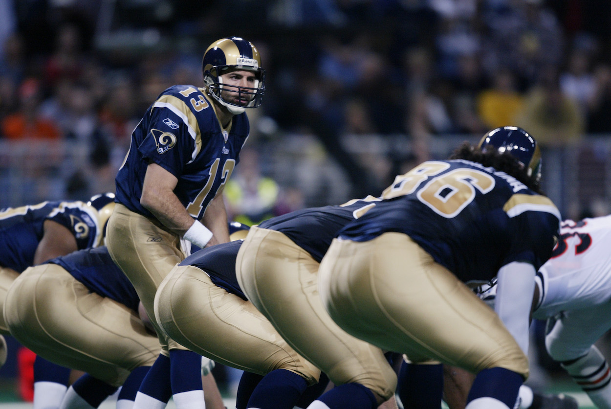 Kurt Warner prepares to take a snap for the St. Louis Rams during the 2022 NFL season