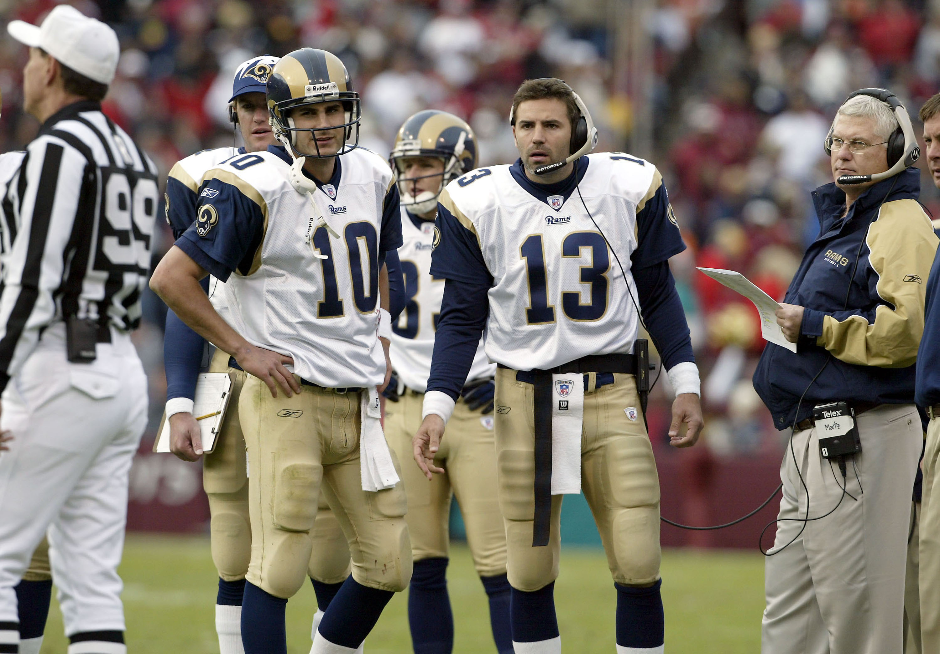 Kurt Warner wears a headset for the St. Louis Rams