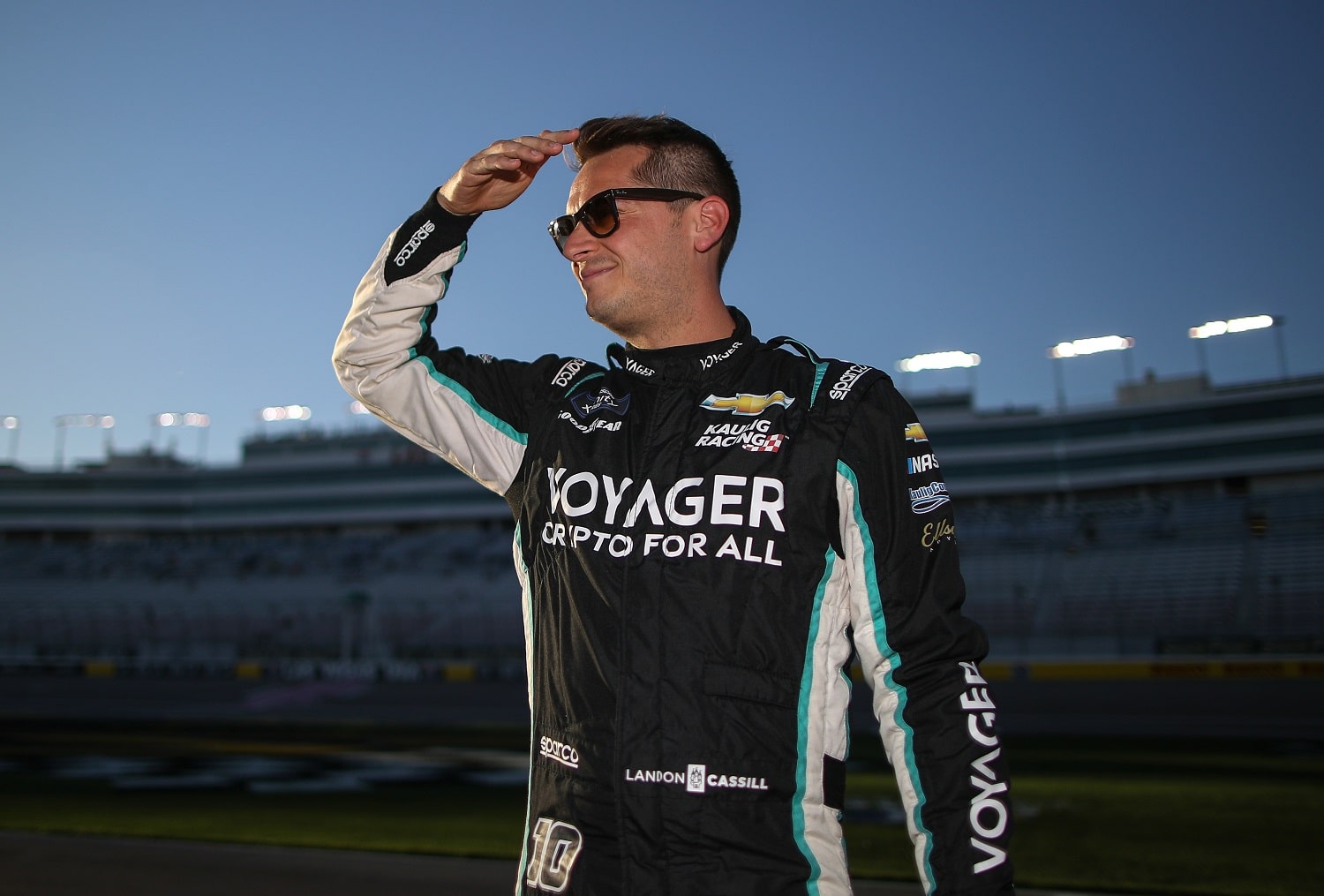 Landon Cassill looks on during practice for the NASCAR Xfinity Series Alsco Uniforms 302 at Las Vegas Motor Speedway on Oct. 14, 2022.