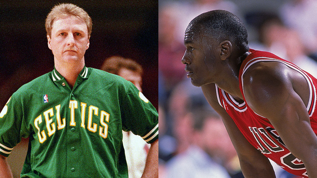 Larry Bird (L) and Michael Jordan (R) during their NBA careers.