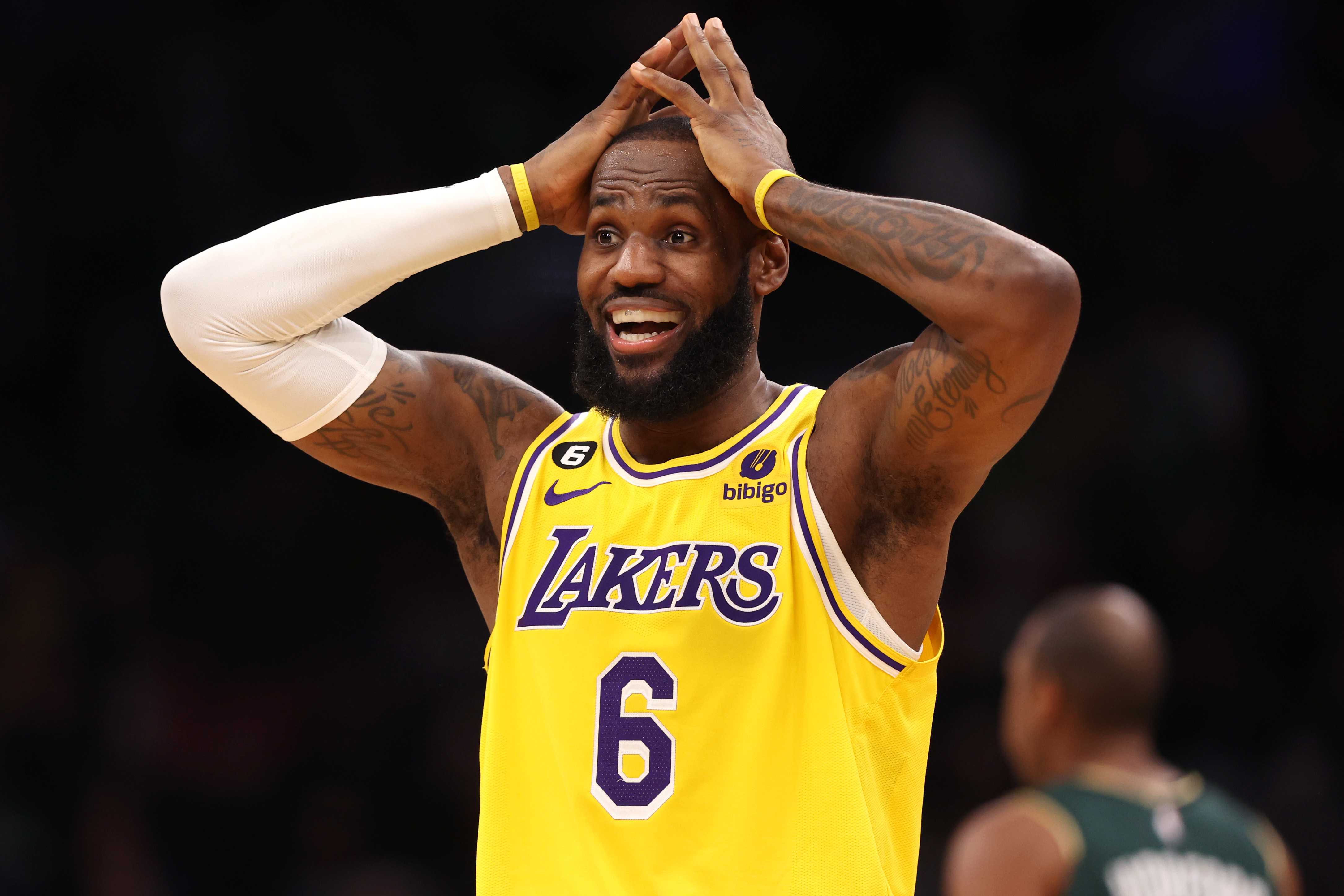 LeBron James of the Los Angeles Lakers reacts during the fourth quarter against the Boston Celtics.