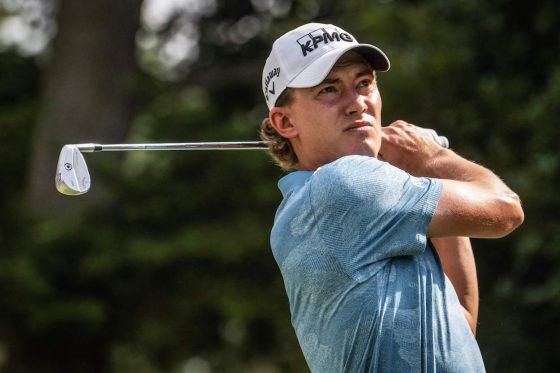 Maverick McNealy tees off during the Zozo Championship.