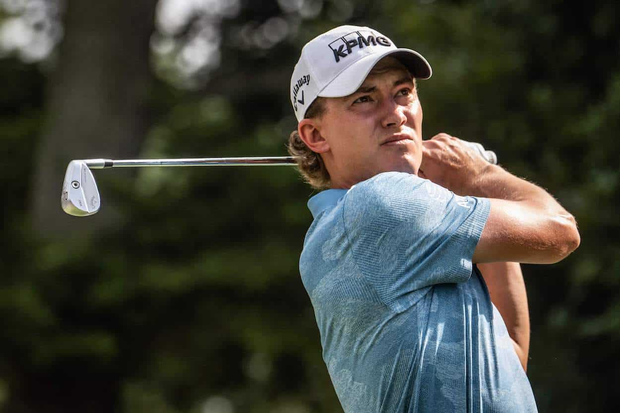 Maverick McNealy tees off during the Zozo Championship.