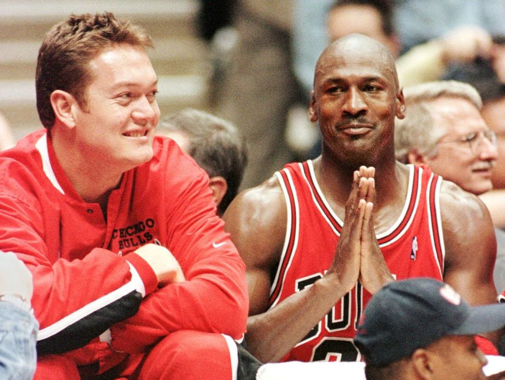 Michael Jordan (R) and Luc Longley (L) on the Chicago Bulls bench
