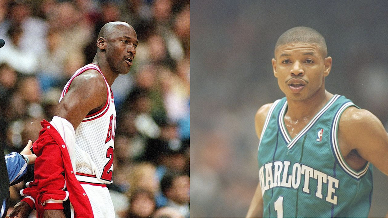 Michael Jordan (L) and Muggsy Bogues (R) during their NBA careers.