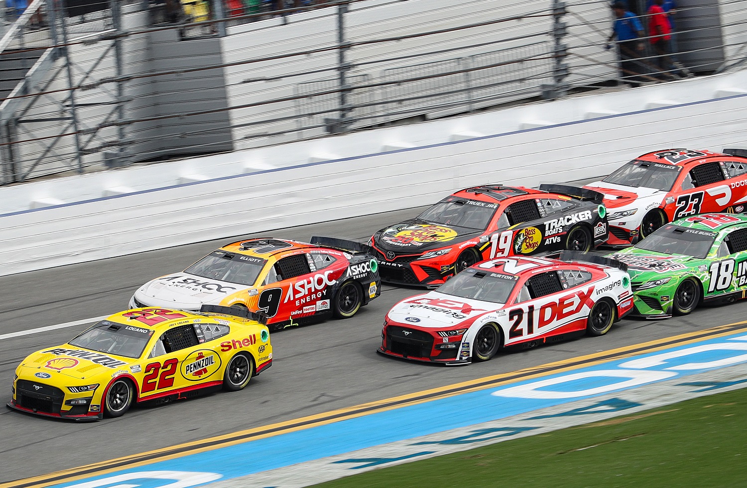 Joey Logano leads the field during the NASCAR Cup Series Coke Zero Sugar 400 at Daytona International Speedway on Aug. 28, 2022.