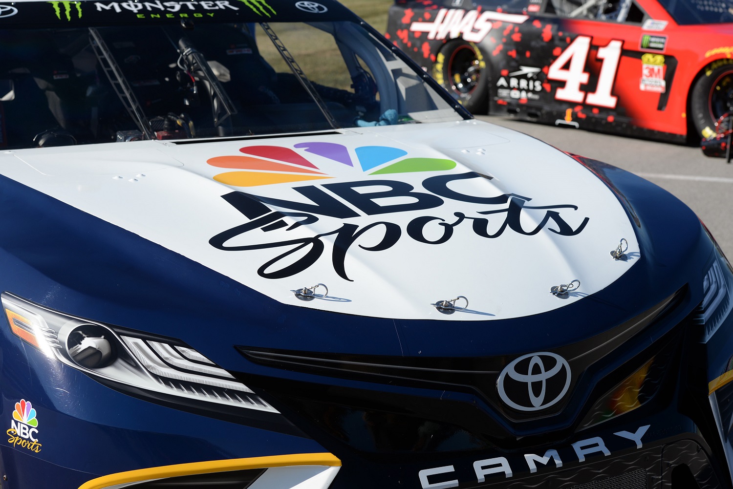 The NBC Sports car sits on pit lane before the start of the Monster Energy NASCAR Cup Series Quaker State 400 on July 13, 2019, at Kentucky Speedway.
