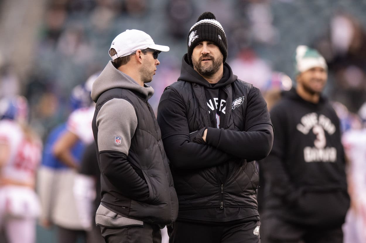 Nick Sirianni talks with Jonathan Gannon.