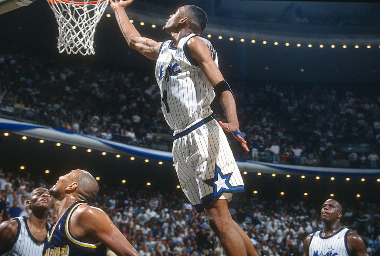 Anfernee Penny Hardaway of the Orlando Magic dunks against the