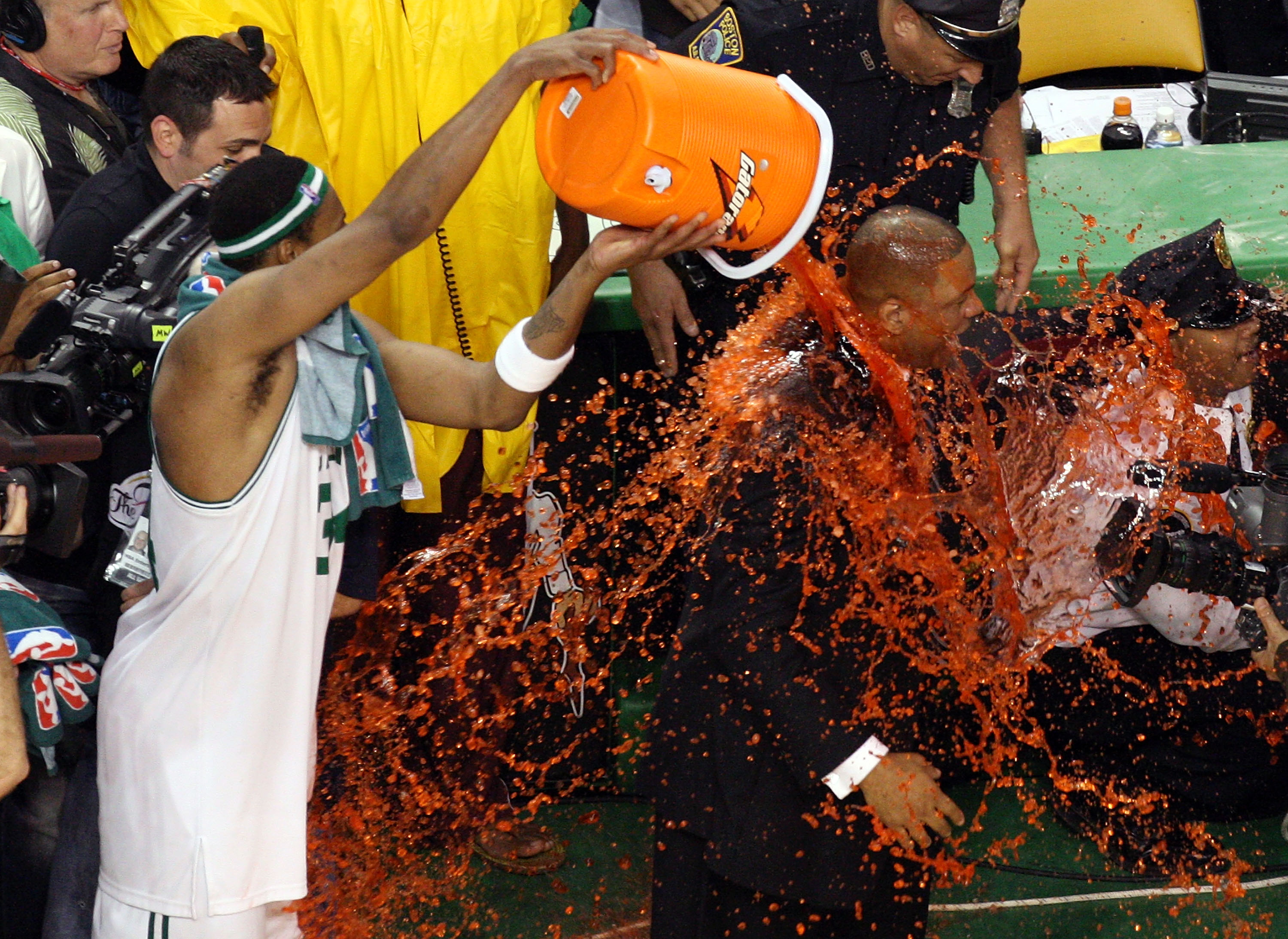 Paul Pierce of the Boston Celtics pours Gatorade on head coach Doc Rivers.