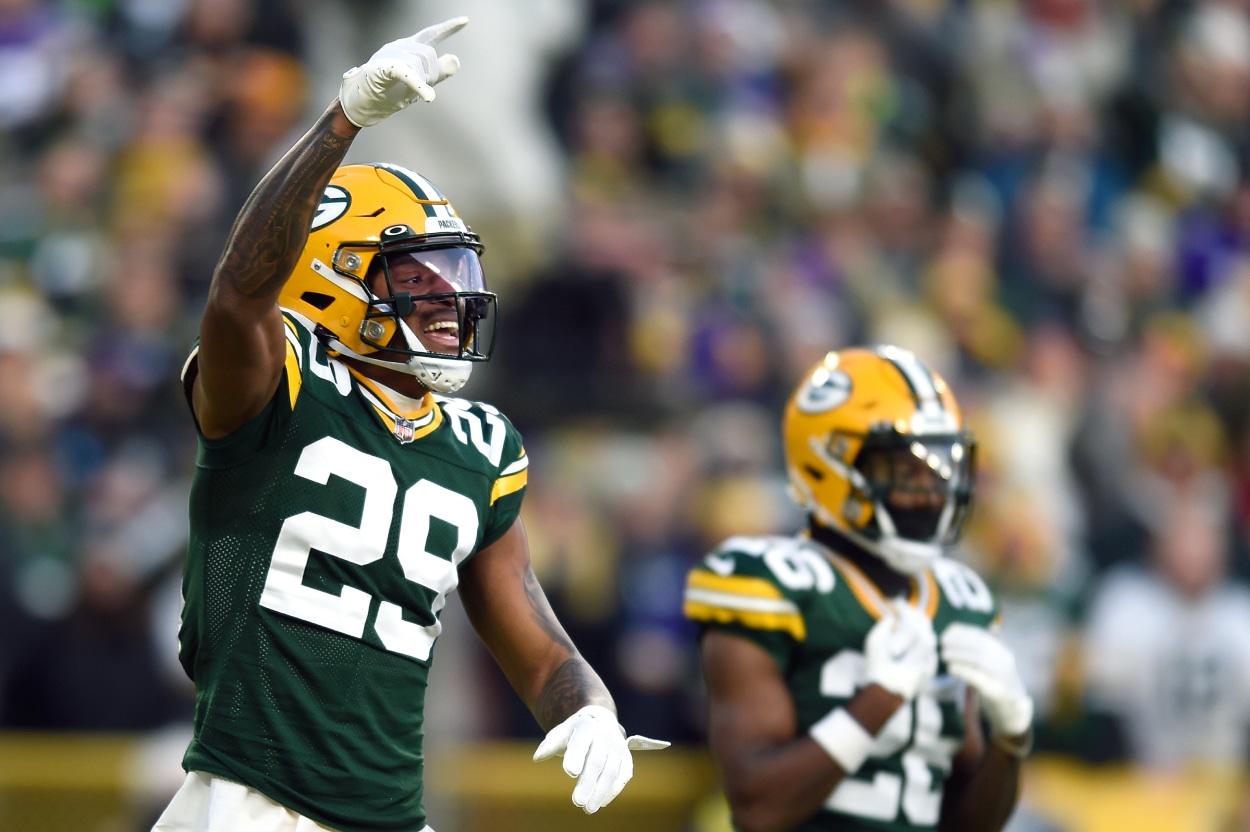 Rasul Douglas of the Green Bay Packers celebrates a stop against the Minnesota Vikings.