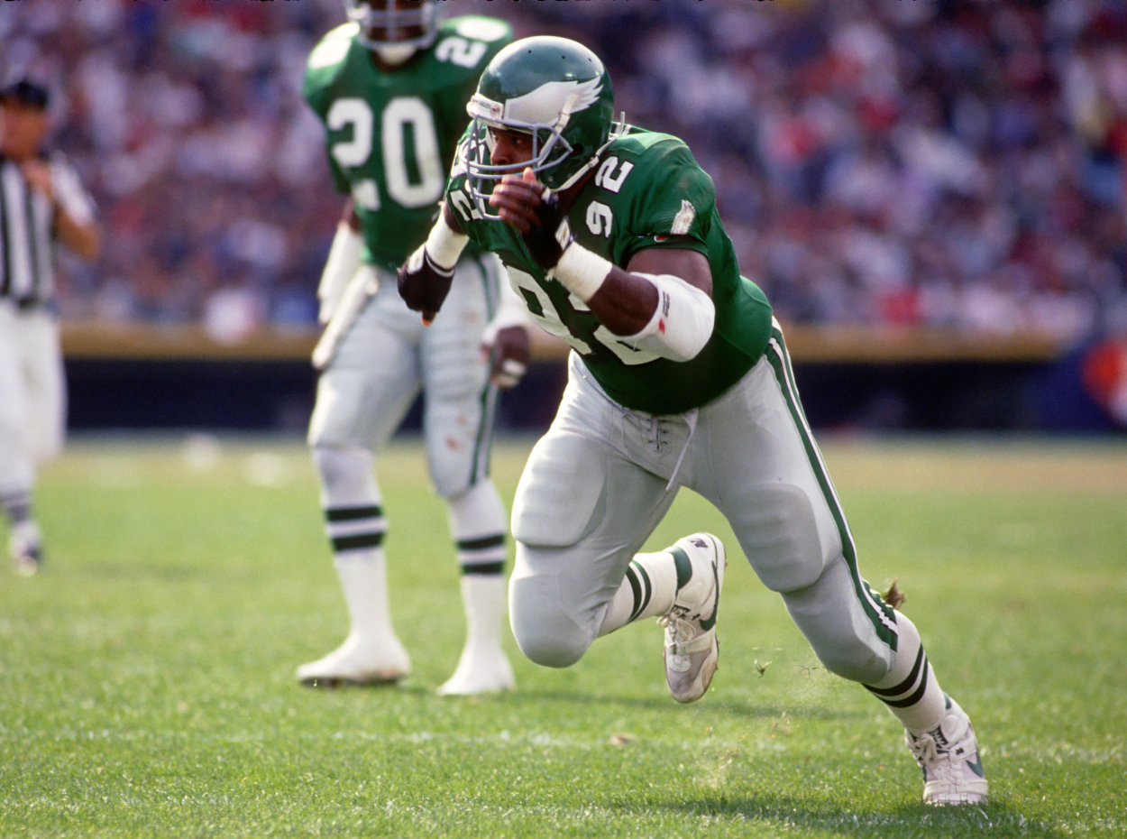 Defensive lineman Reggie White of the Philadelphia Eagles pursues the play during a game against the Cleveland Browns.