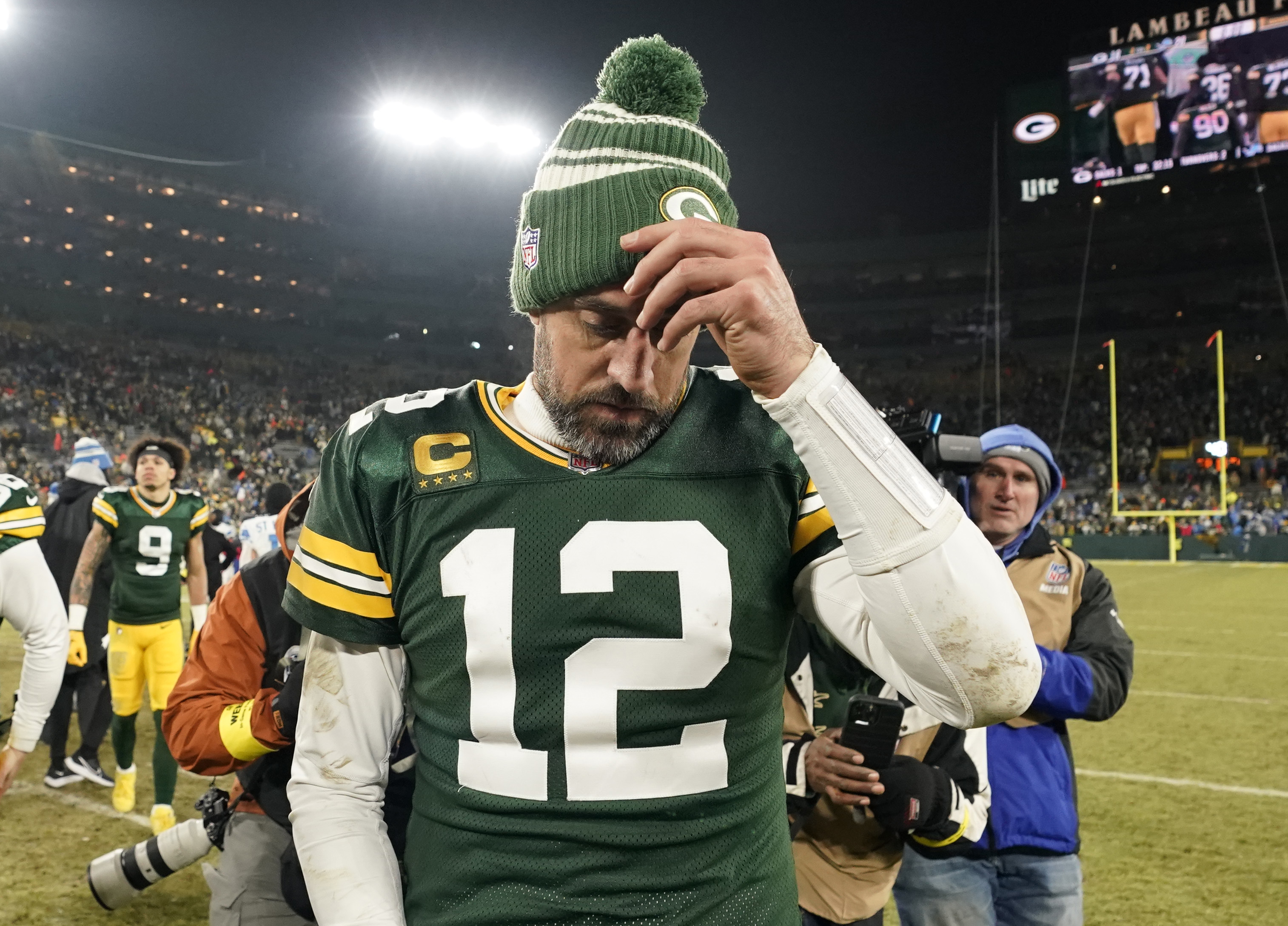 Aaron Rodgers of the Green Bay Packers walks off the field.