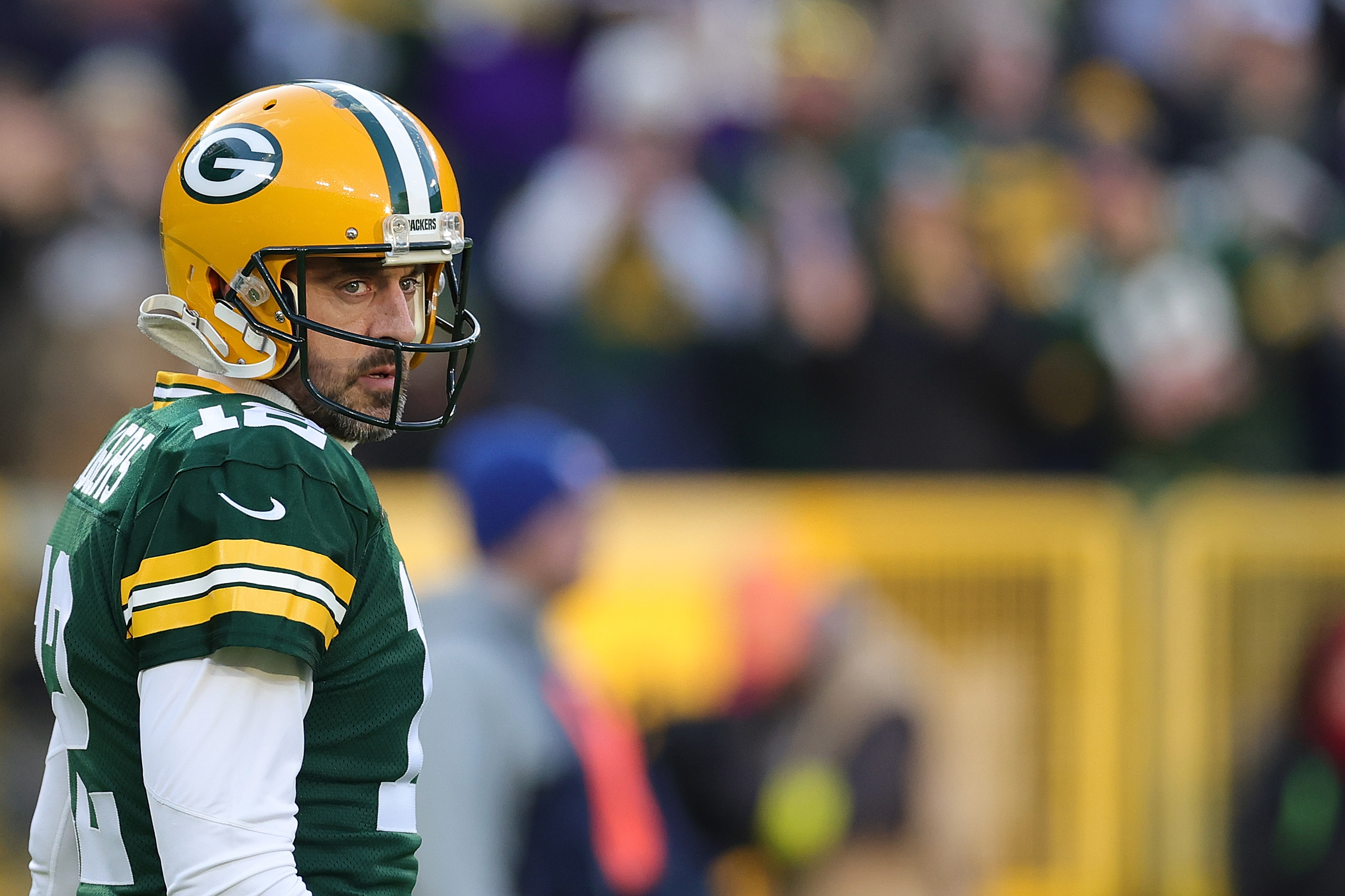 Aaron Rodgers of the Green Bay Packers waits for a timeout during a game against the Minnesota Vikings.