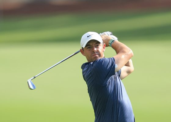 Rory McIlroy hits an approach shot during the DP World Tour Championship.