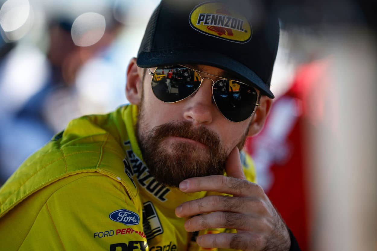 Ryan Blaney looks on during practice for the NASCAR Cup Series Dixie Vodka 400.