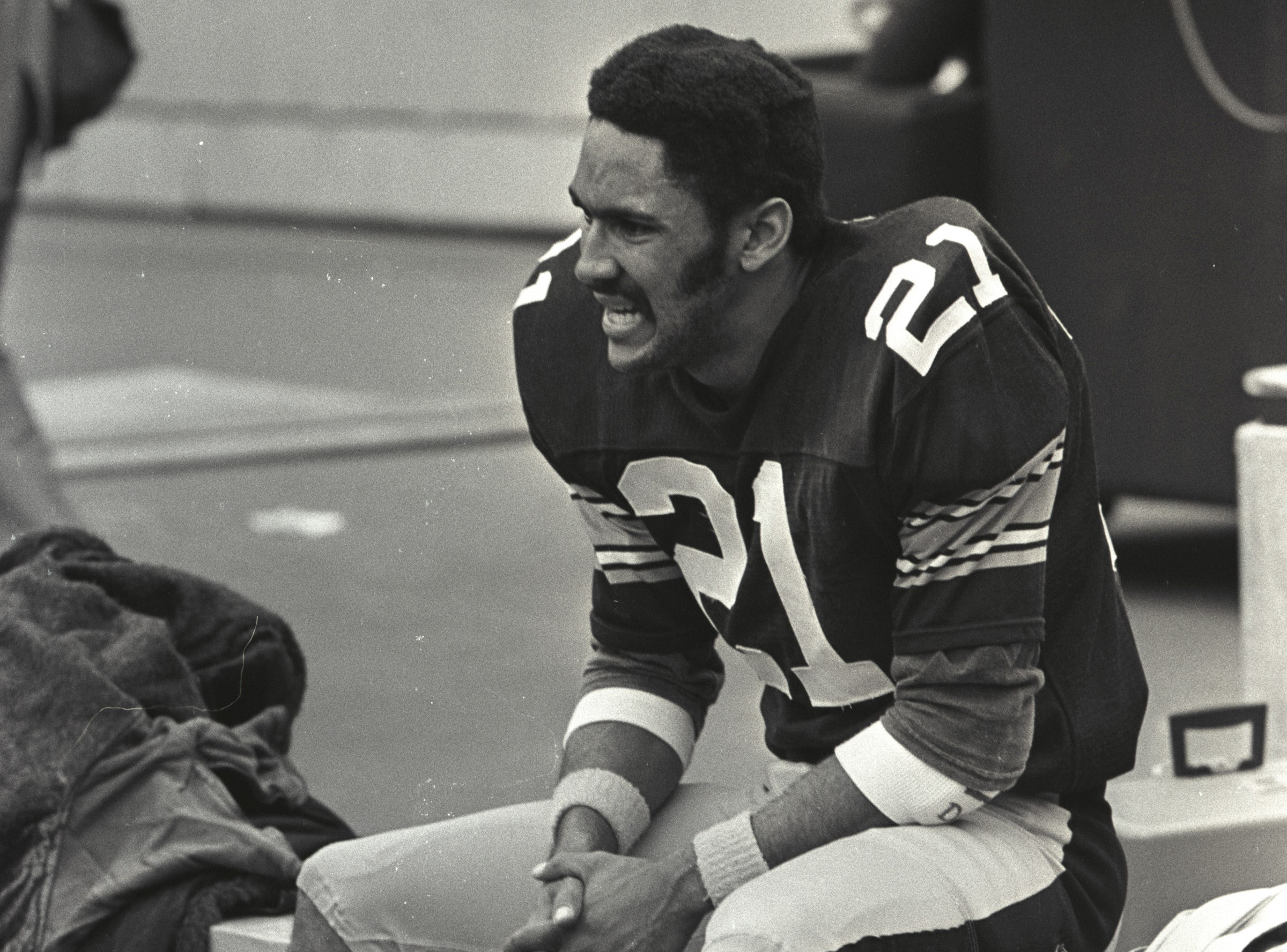 Defensive back Tony Dungy of the Pittsburgh Steelers on the bench during a game.