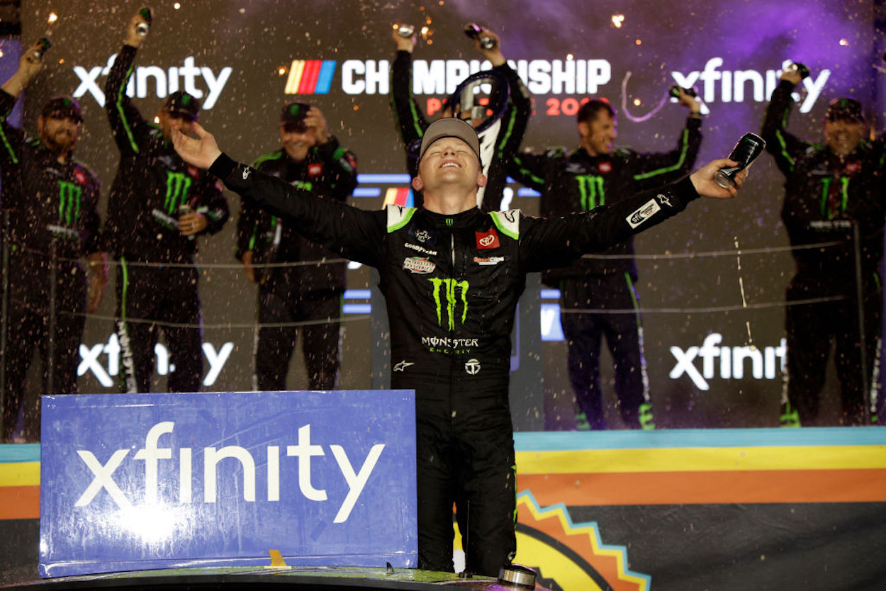 Ty Gibbs celebrates winning winning the NASCAR Xfinity Series Championship.