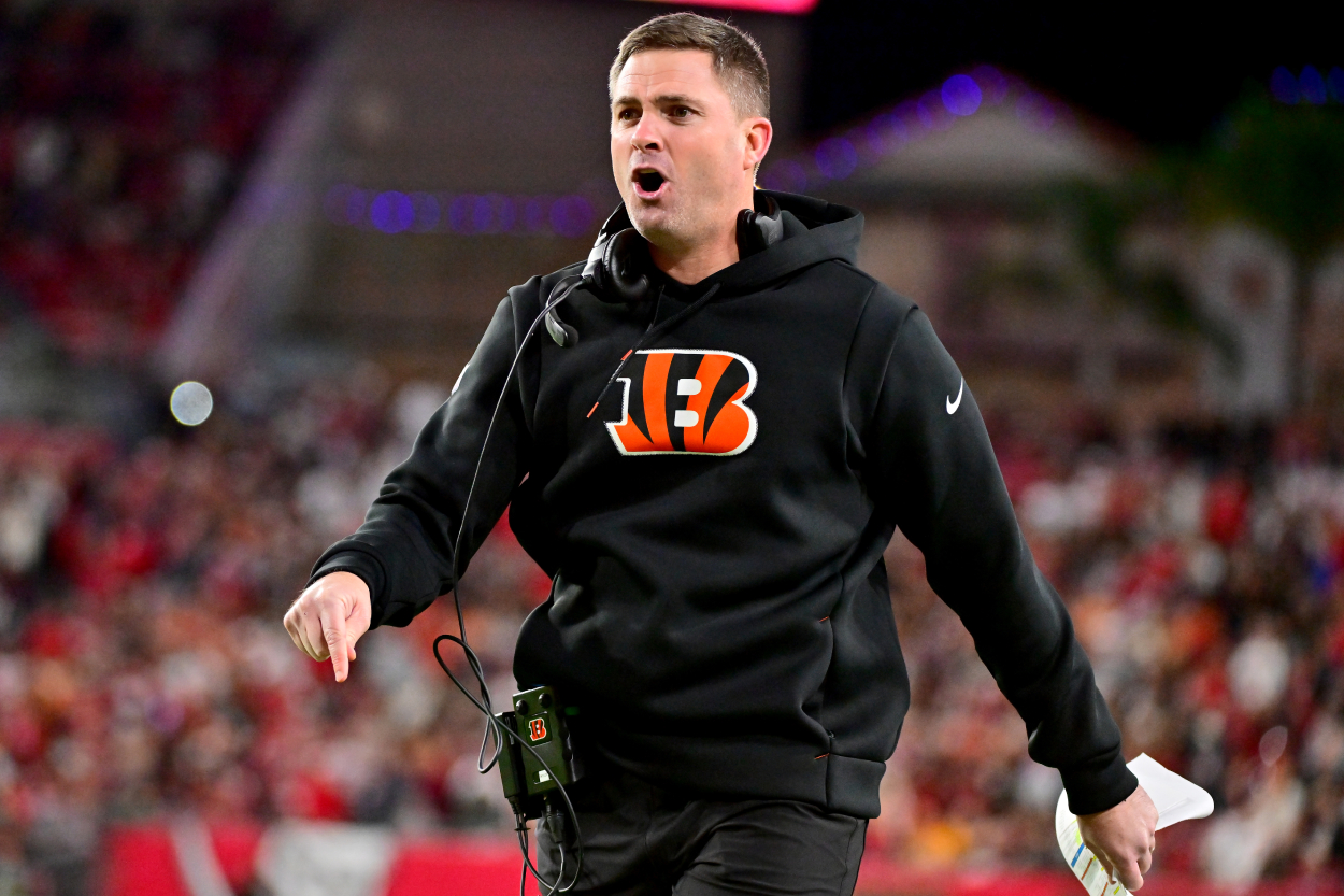 Head coach Zac Taylor of the Cincinnati Bengals reacts after a play.