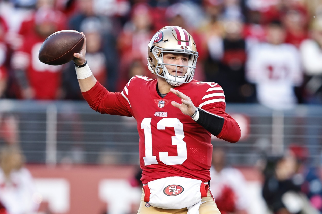 Brock Purdy of the San Francisco 49ers passes during an NFL divisional round playoff football game against the Dallas Cowboys.