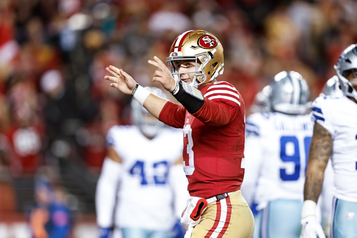 Brock Purdy of the San Francisco 49ers celebrates.